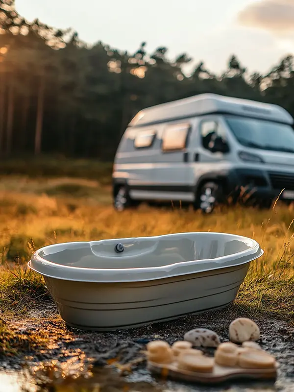 portable bathtub outdoors with camper van in the distance