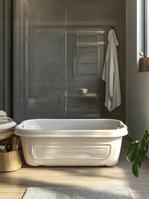 white foldable bath in a shower cubicle