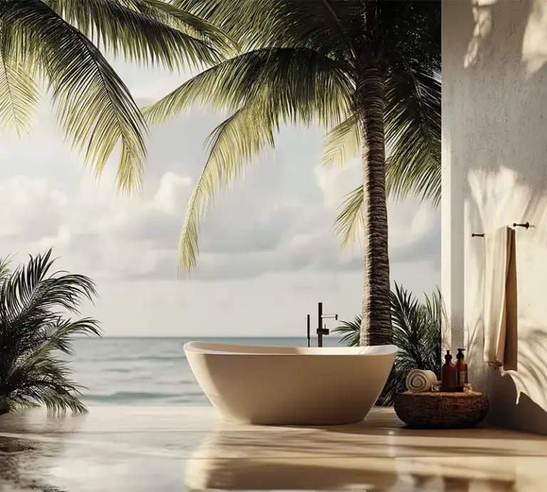 luxurious bathtube in outdoor setting under palm tree